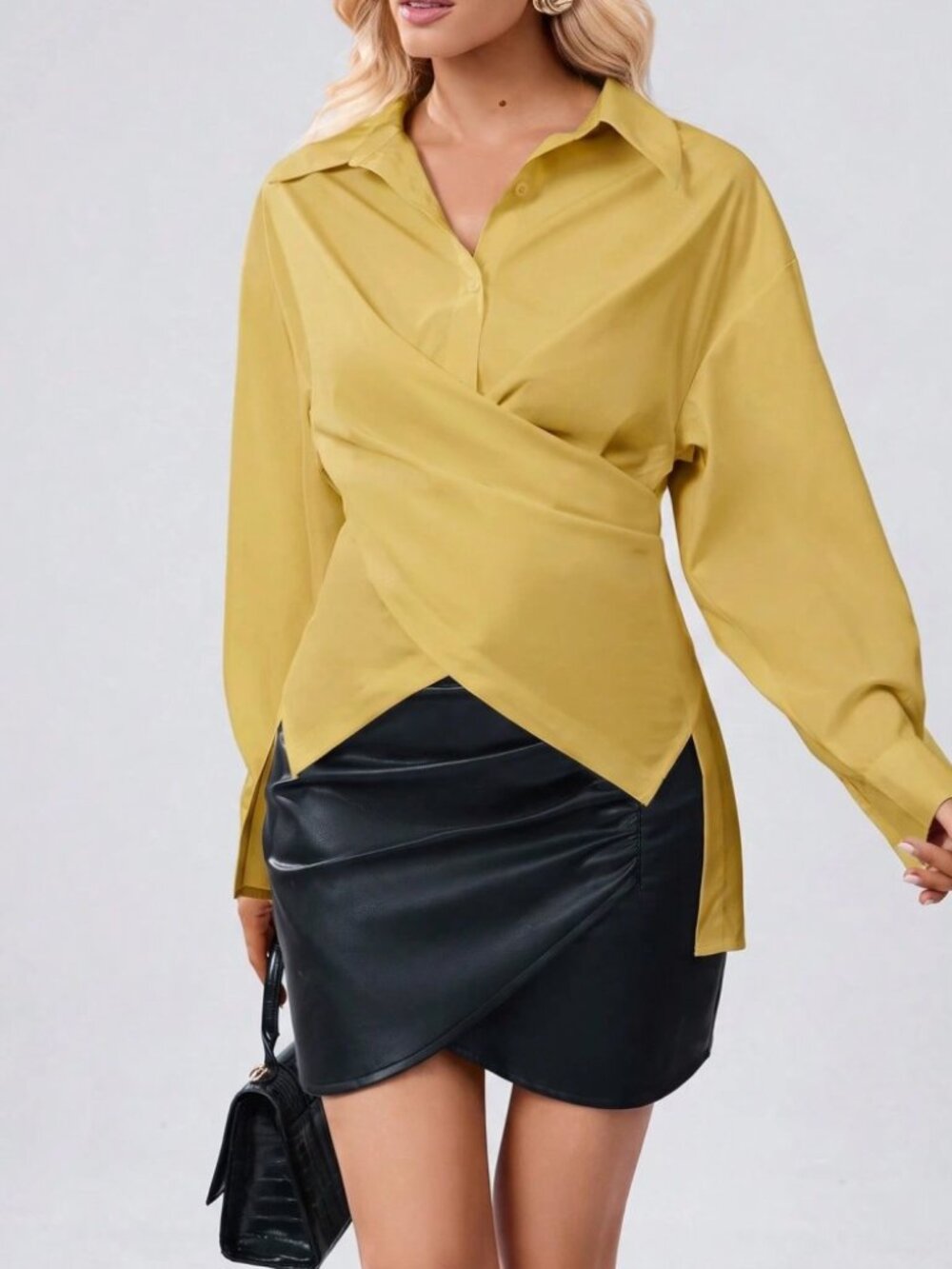 Yellow Wrap Front Blouse with Collar and Side Slits